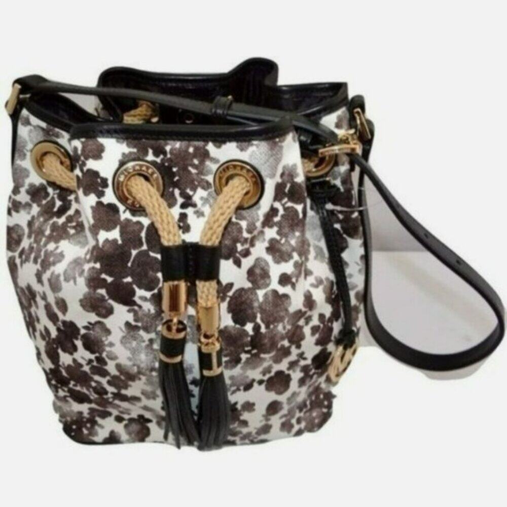 Michael Kors Marina Drawstring Tote Canvas Leather Bucket Bag Rope Handle Travel